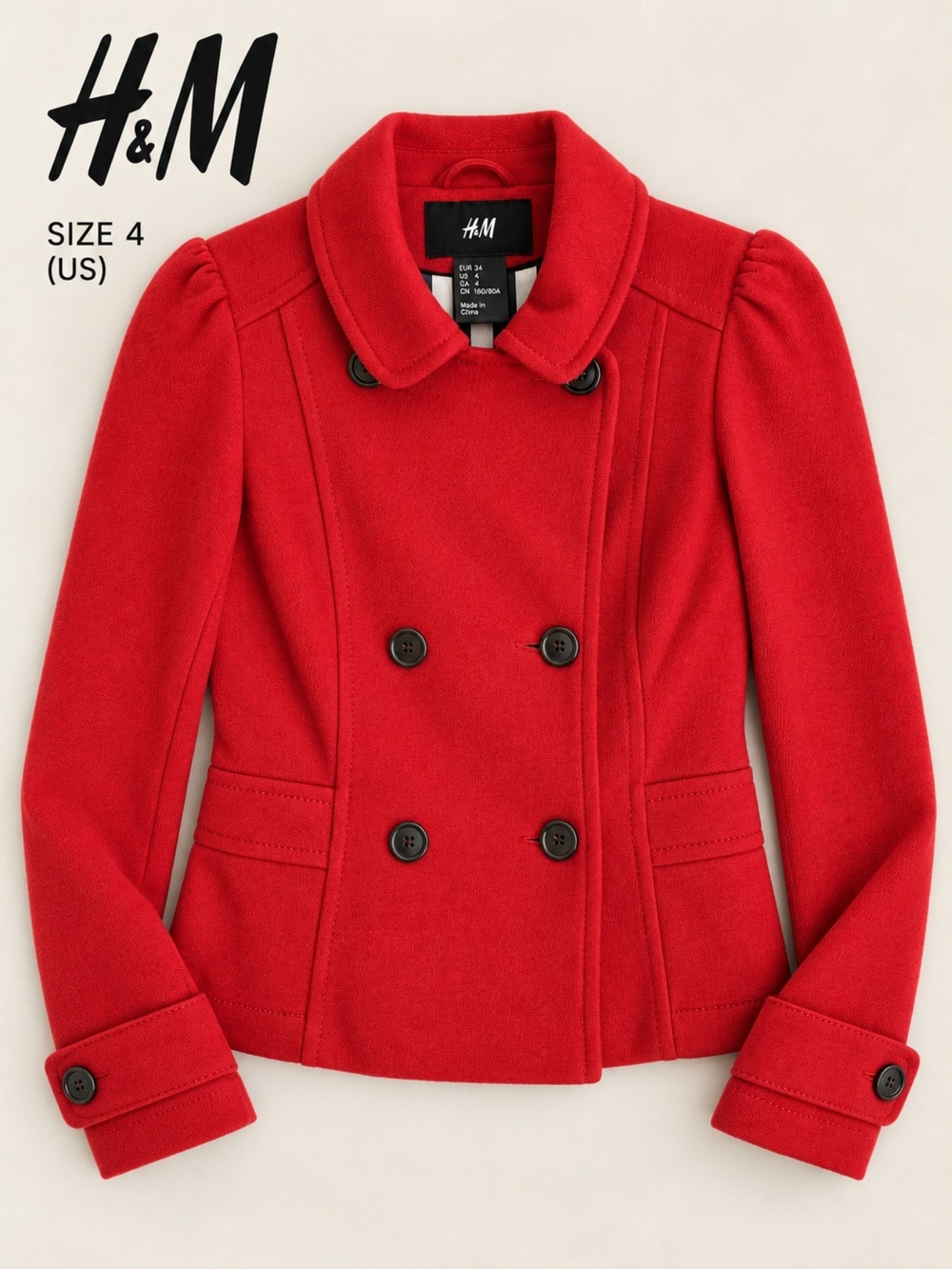 ❤️EUC H&M Vibrant Red Cropped Double  Breasted Jacket, Size 4 Slim Fit